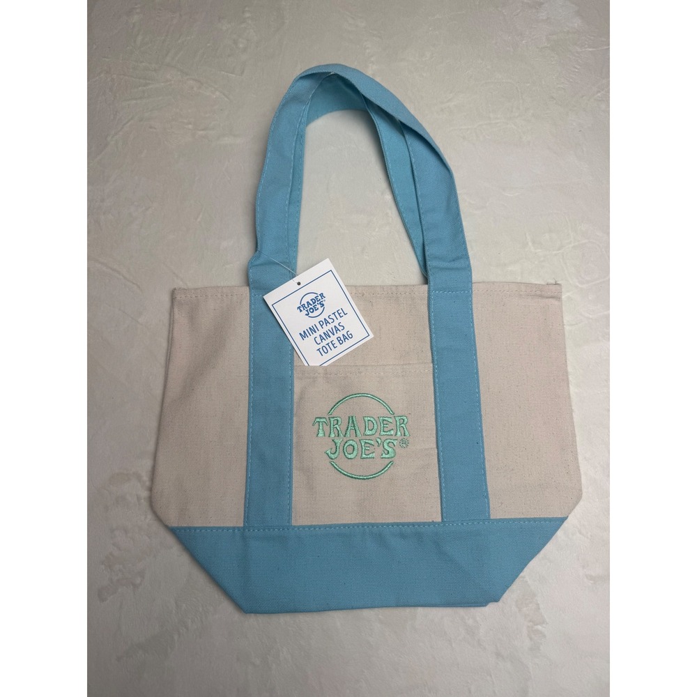 Trader Joes Mini Pastel Canvas Tote Bag Light Blue Cream New With Tags